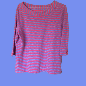 Pink & Denim Blue Stripe Top Thick Knit Round Collar 3/4 Sleeve Collarless Style